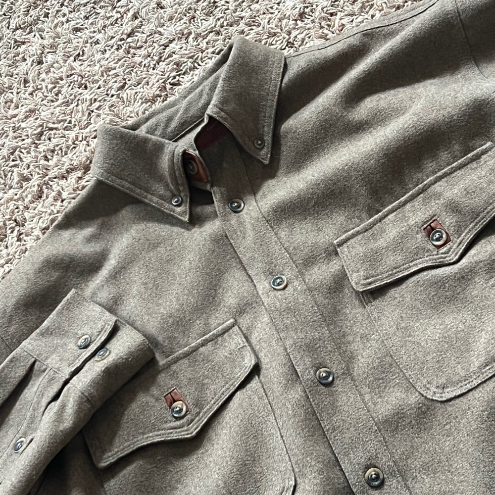 Schnee's Bozeman Montana Mens Fleece Shirt Jacket Brown Leather Trim Medium